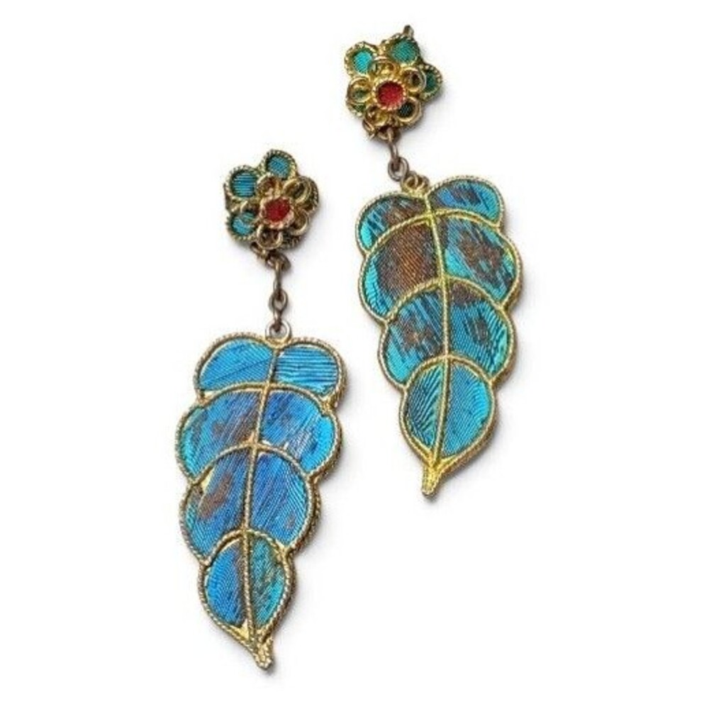Vintage Kingfisher Blue Feather Dangle Earrings - Picture 9 of 12